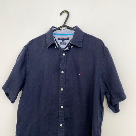 Tommy Hilfiger 100 % Linen Premium Button-Up Shirt Mens Size S Navy Holiday S/S.
