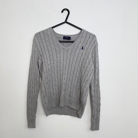 Polo Ralph Lauren Cable-Knit V-Neck Jumper Womens Size S [Fit as XS] Grey Logo.