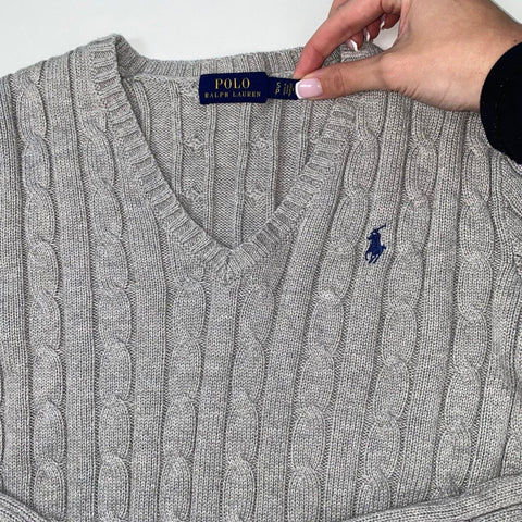 Polo Ralph Lauren Cable-Knit V-Neck Jumper Womens Size S [Fit as XS] Grey Logo.