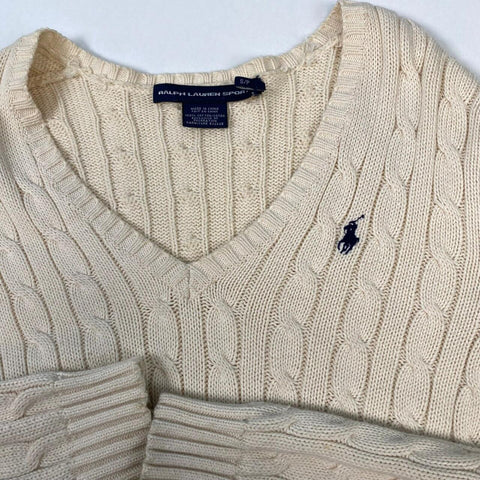 Ralph Lauren Sport Cable-Knit V-Neck Jumper Womens Size S Cream Sweater Logo.