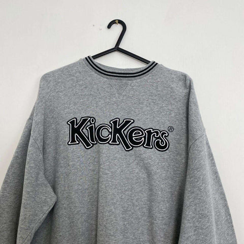 Kickers Sweatshirt Spellout Womens Size M Grey Boxy Fit Crew Embroidered Logo.