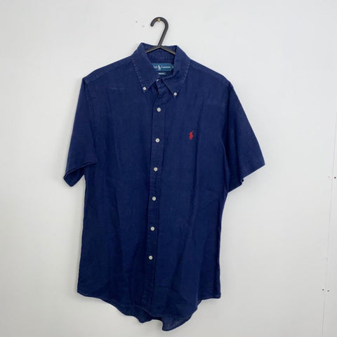 Ralph Lauren 100 % Linen Button-Up Shirt Mens Size S Navy Holiday Short-Sleeve