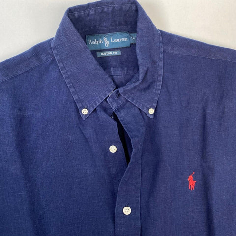 Ralph Lauren 100 % Linen Button-Up Shirt Mens Size S Navy Holiday Short-Sleeve