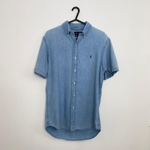 Ralph Lauren Short-Sleeve Denim Shirt Mens Size M Slim Button-Up Logo Summer.