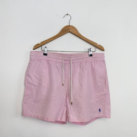 Vintage Polo Ralph Lauren Swim Shorts Mens Size L Pink Striped Swimming Trunks.