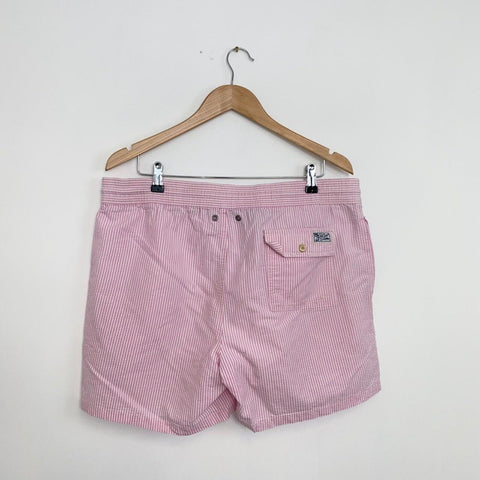 Vintage Polo Ralph Lauren Swim Shorts Mens Size L Pink Striped Swimming Trunks.