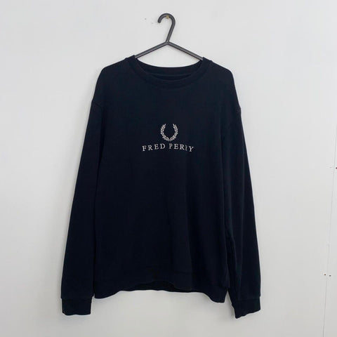 Fred Perry Spell Out Sweatshirt Crewneck Mens Size L Black Embroidered Logo.