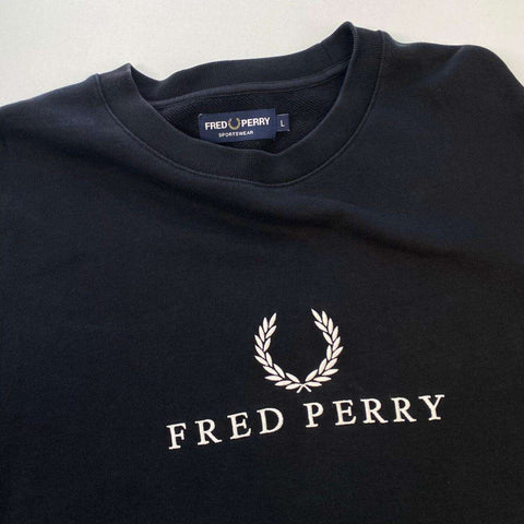 Fred Perry Spell Out Sweatshirt Crewneck Mens Size L Black Embroidered Logo.