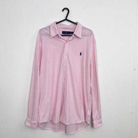 Ralph Lauren Knit Oxford Summer Shirt Mens Size XL Striped Pink White Old Money.