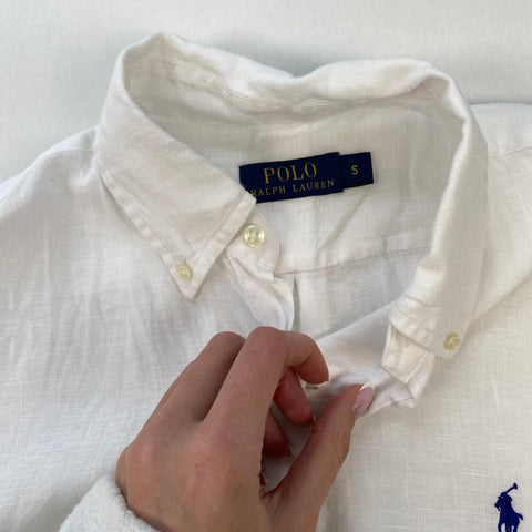 Polo Ralph Lauren Linen Button-Up Shirt Mens Size S White Holiday Short-Sleeve.