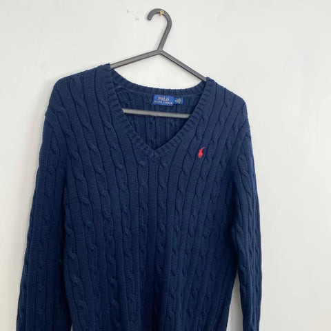 Polo Ralph Lauren Cable-Knit Jumper Womens Size M Navy Sweater Logo V-Neck.