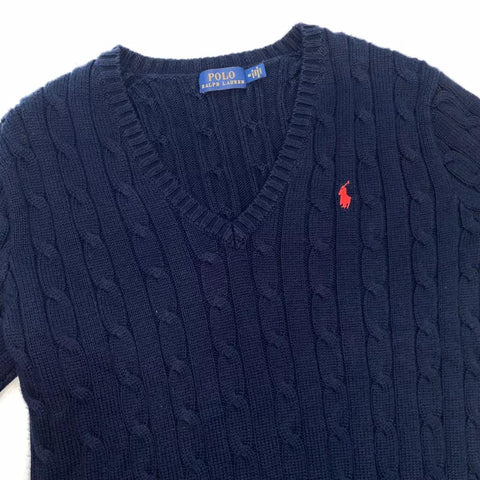 Polo Ralph Lauren Cable-Knit Jumper Womens Size M Navy Sweater Logo V-Neck.