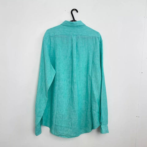 Ralph Lauren Linen Button-Up Shirt Mens Size L Blue Turquoise Summer Logo L/S.