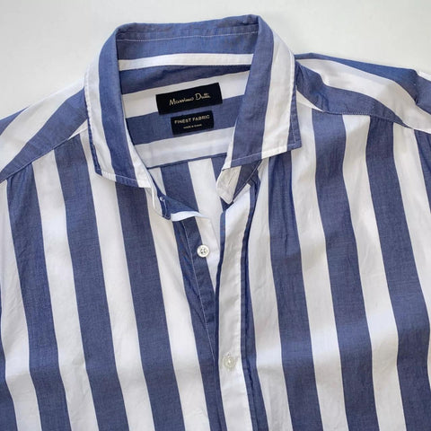 Massimo Dutti Long-Sleeve Striped Shirt Mens Size L White Blue Holiday Button-Up