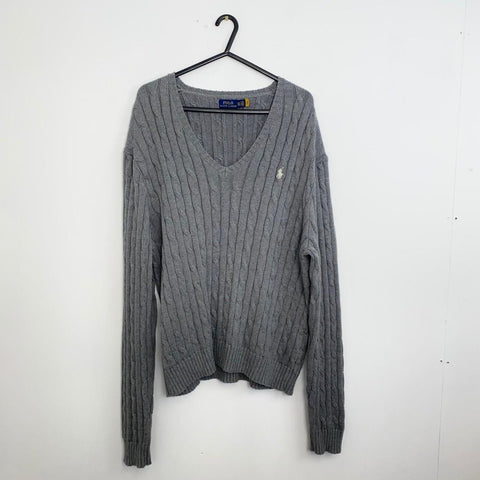 Polo Ralph Lauren Cable-Knit Jumper Womens Size XXL 2XL Grey V-Neck Sweater Logo