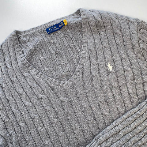 Polo Ralph Lauren Cable-Knit Jumper Womens Size XXL 2XL Grey V-Neck Sweater Logo