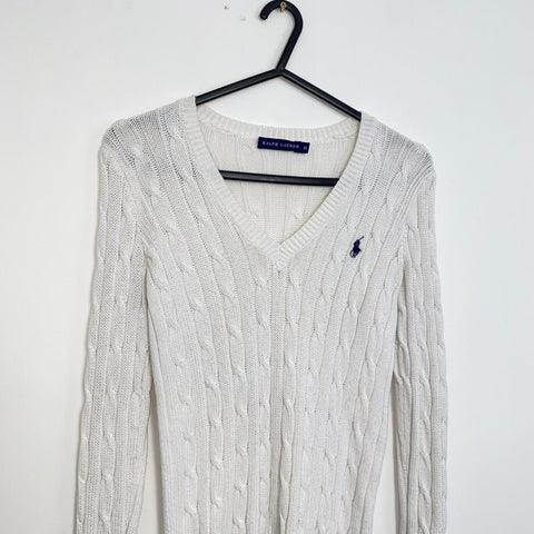 Ralph Lauren Cable-Knit Jumper Womens Size XS White V-Neck Sweater Lightweight.