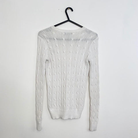Ralph Lauren Cable-Knit Jumper Womens Size XS White V-Neck Sweater Lightweight.