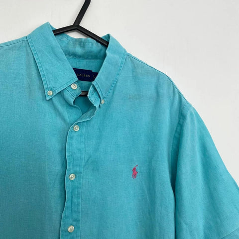 Ralph Lauren Linen Button-Up Shirt Mens Size L Turquoise Holiday Short-Sleeve