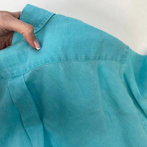 Ralph Lauren Linen Button-Up Shirt Mens Size L Turquoise Holiday Short-Sleeve