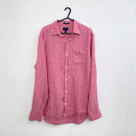 GANT The Linen Shirt Long-Sleeve Button-Up Mens Size L Pink Reg Summer Holiday.