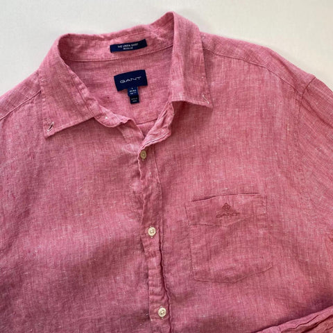 GANT The Linen Shirt Long-Sleeve Button-Up Mens Size L Pink Reg Summer Holiday.