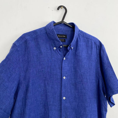 Massimo Dutti Linen Button-Up Mens Size L Navy Short-Sleeve Shirt Summer Holiday