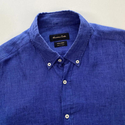 Massimo Dutti Linen Button-Up Mens Size L Navy Short-Sleeve Shirt Summer Holiday