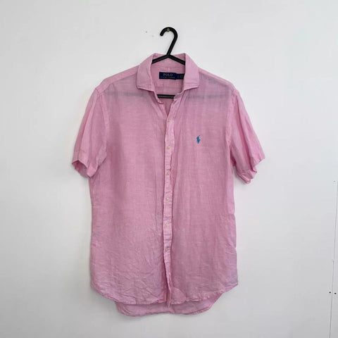 Polo Ralph Lauren Linen Button-Up Shirt Mens Size S Pink Holiday Short-Sleeve.