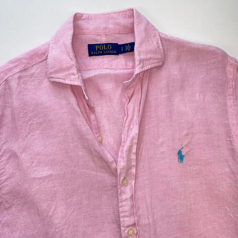 Polo Ralph Lauren Linen Button-Up Shirt Mens Size S Pink Holiday Short-Sleeve.
