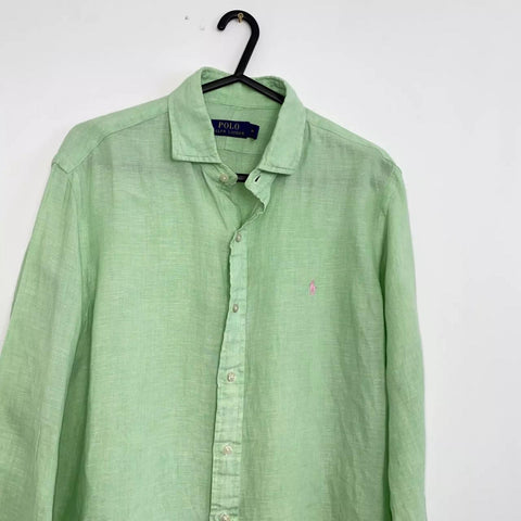 Polo Ralph Lauren Linen Button-Up Shirt Mens Size M Lime Green Long-Sleeve.