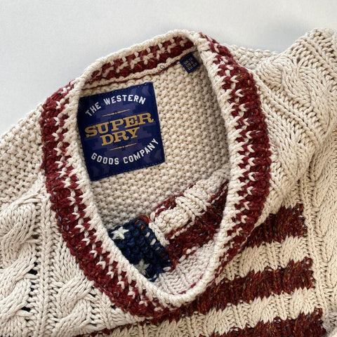 Superdry The Western USA Flag Chunky Cable Knit Jumper Womens Size UK12 Beige