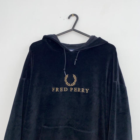 Fred Perry Velour Velvet Big Logo Spellout Hoodie Womens Size 14 Black Pullover.