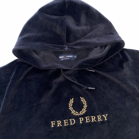Fred Perry Velour Velvet Big Logo Spellout Hoodie Womens Size 14 Black Pullover.