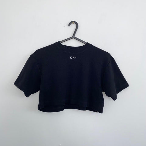 Authentic Off-White Crop Logo Stamp T-Shirt Womens Size XS Black Top Tee [CLG]