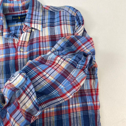 Ralph Lauren Linen Button-Up Shirt Mens Size S Blue Multi Plaid Embroidered Logo