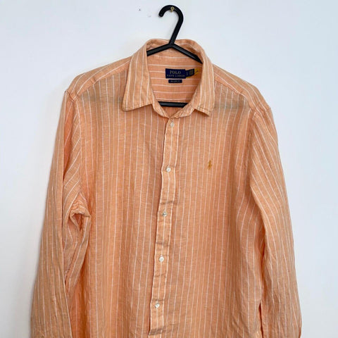 Polo Ralph Lauren 100 % Linen Striped Shirt Womens Size L Orange Relaxed Fit.
