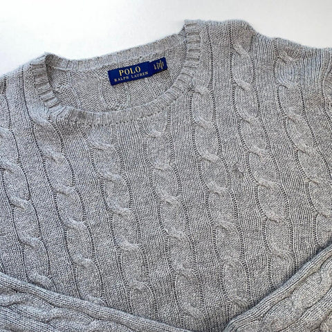 Polo Ralph Lauren Cable-Knit Jumper Mens Size L Grey Crewneck Sweater Logo.