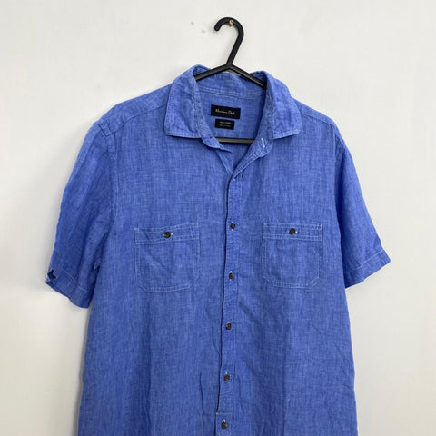 Massimo Dutti 100% Linen Button-Up Mens Size L Slim Blue Short-Sleeve Shirt.