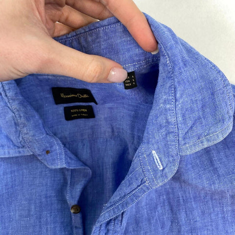 Massimo Dutti 100% Linen Button-Up Mens Size L Slim Blue Short-Sleeve Shirt.
