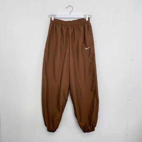 Preowned Nike Womens Woven Loose Fit Trousers Pants Size S Brown Embroidered Swoosh.