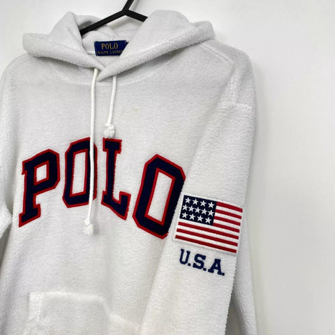 Polo Ralph Lauren Womens Fleece Hoodie Pullover Size S Loose White Big Logo USA