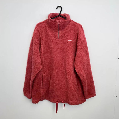 Preowned Nike Therma-Fit Womens Pullover Sherpa Fleece Size L Pink Rose Cosy Logo.