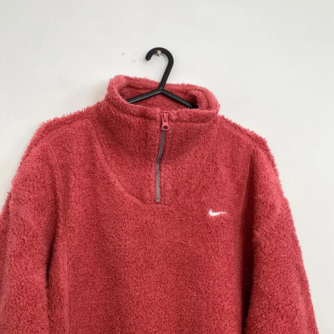 Preowned Nike Therma-Fit Womens Pullover Sherpa Fleece Size L Pink Rose Cosy Logo.