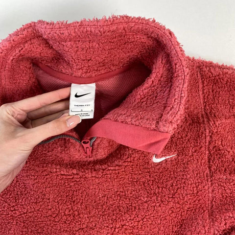 Preowned Nike Therma-Fit Womens Pullover Sherpa Fleece Size L Pink Rose Cosy Logo.