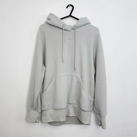 Preowned Nike Womens Plush Fleece Pullover Hoodie Size XS Oversized Light Bone Grey Center Swoosh