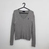 Preowned Polo Ralph Lauren Womens Cable-Knit Jumper Size L [Fit as M] Grey V-Neck Sweater