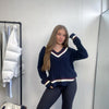 Preowned Polo Ralph Lauren Womens Cricket Cable-Knit Jumper Size L Navy V-Neck Sweater.