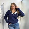 Preowned Ralph Lauren Sport Womens Cricket Cable-Knit Jumper Size M Navy V-Neck Sweater.