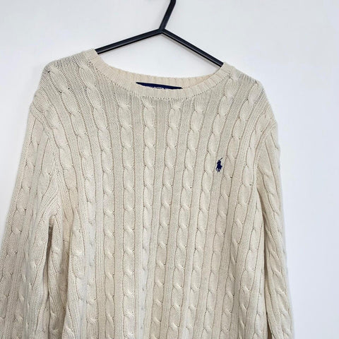 Ralph Lauren Sport Cable-Knit Jumper Womens Size XL Cream Crewneck Sweater Logo